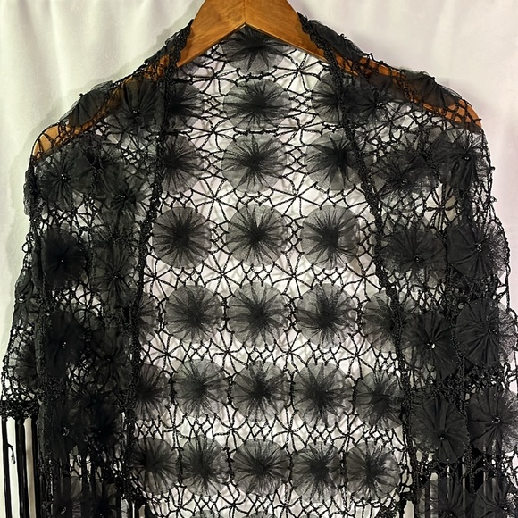 Black Crochet Beaded Floral Fringe Shawl - Picture 3 of 15
